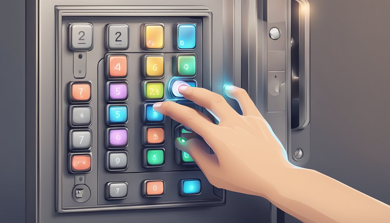 A hand reaches to input a code on a sleek digital lock, with glowing numbers and a sturdy brand logo