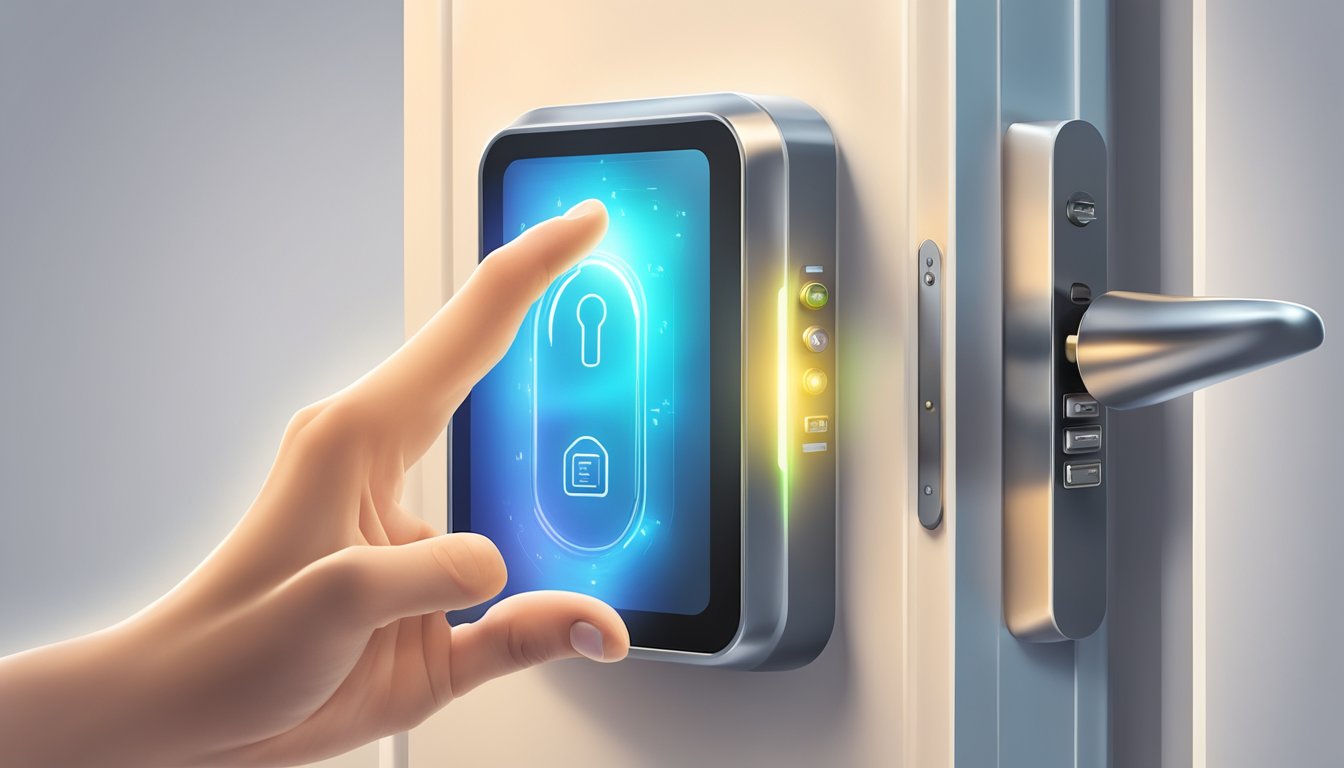 A hand reaching out to touch a sleek digital lock on a modern door, with glowing buttons and a small screen displaying security features
