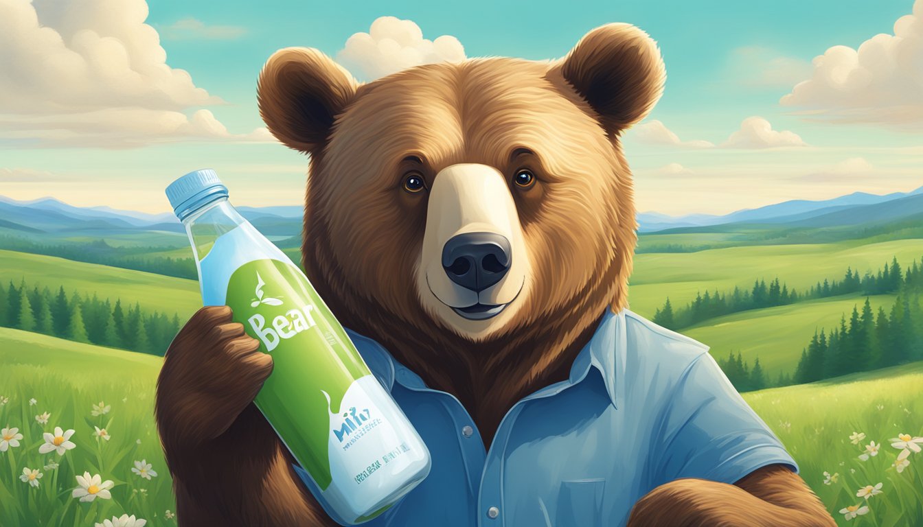 A bear holding a bottle of Bear Brand milk, surrounded by lush green meadows and a clear blue sky