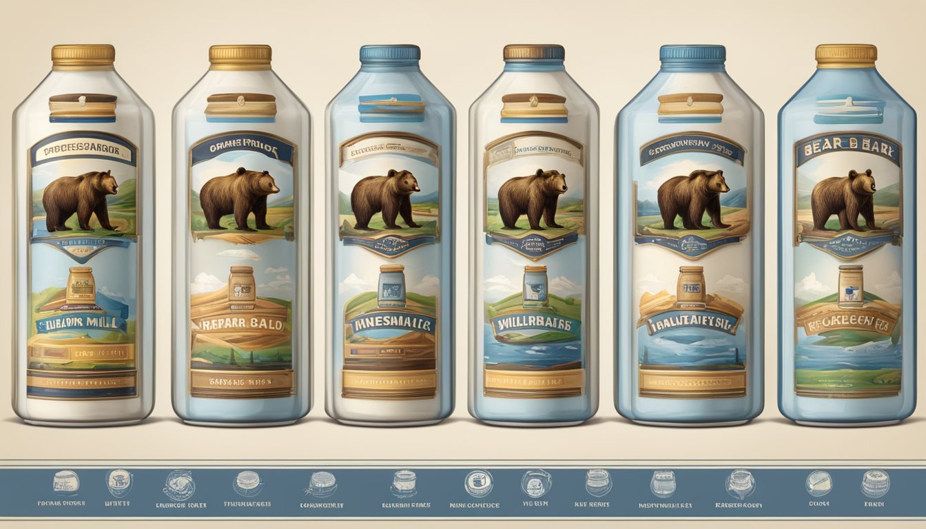 A progression of bear brand milk logos, from vintage to modern, displayed on a timeline with heritage elements