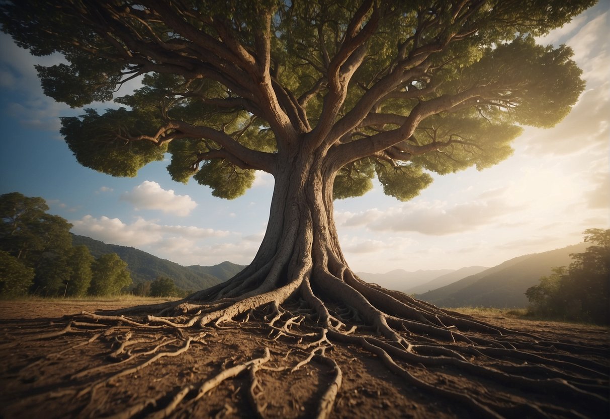 A majestic tree stands tall, its roots reaching deep into the earth. Its branches stretch out, symbolizing growth, strength, and connection to the spiritual realm