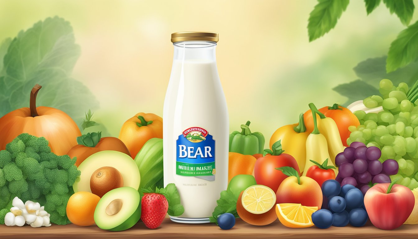 A glass of Bear Brand milk surrounded by fresh fruits and vegetables, with a nutritional label in the background