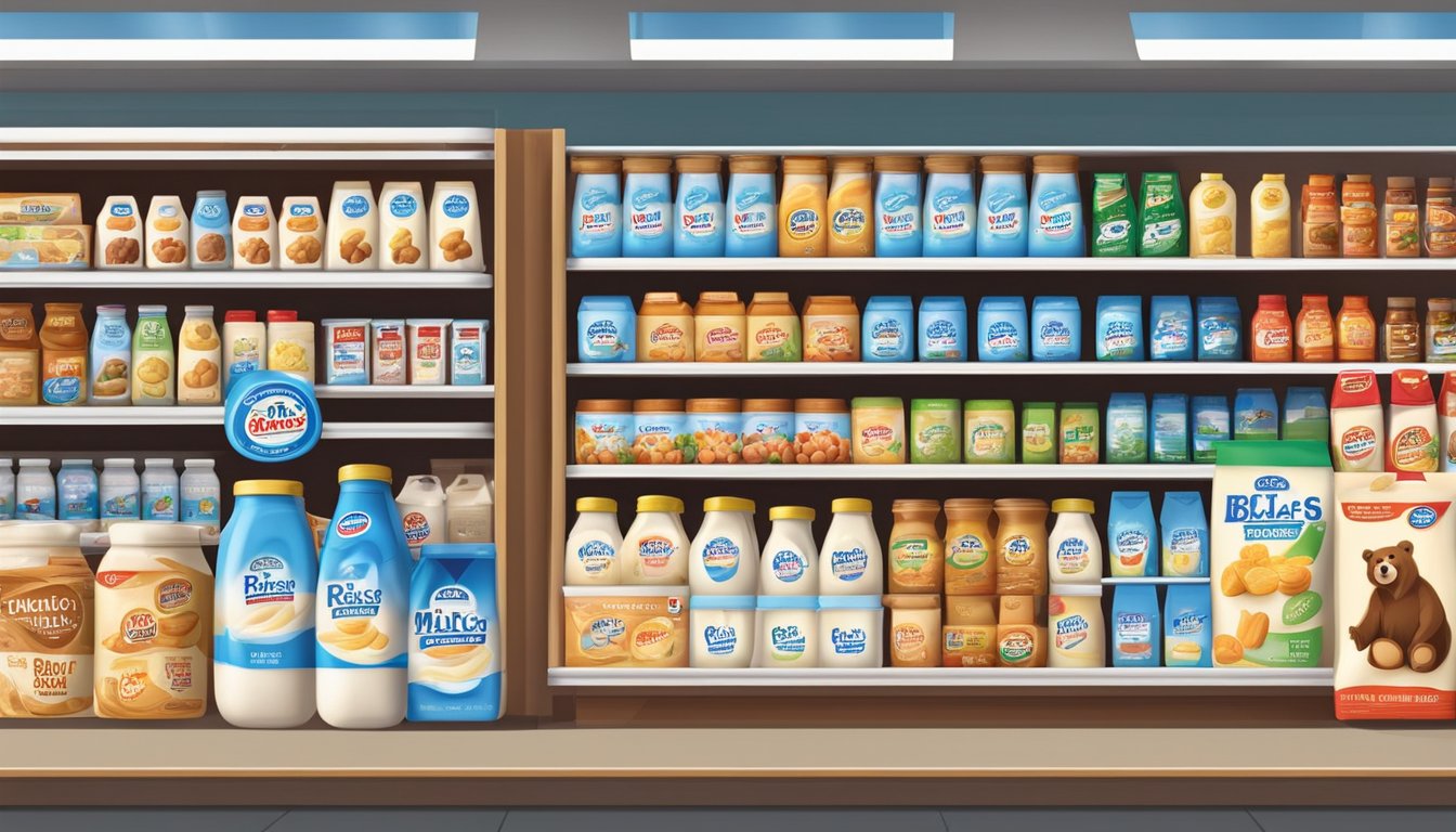 A variety of Bear Brand milk products displayed on a shelf in a grocery store