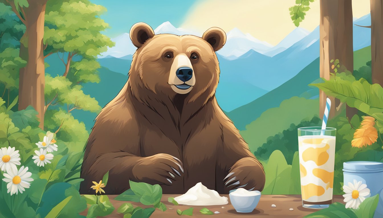 A bear happily sipping Bear Brand milk, surrounded by lush greenery and a clear blue sky