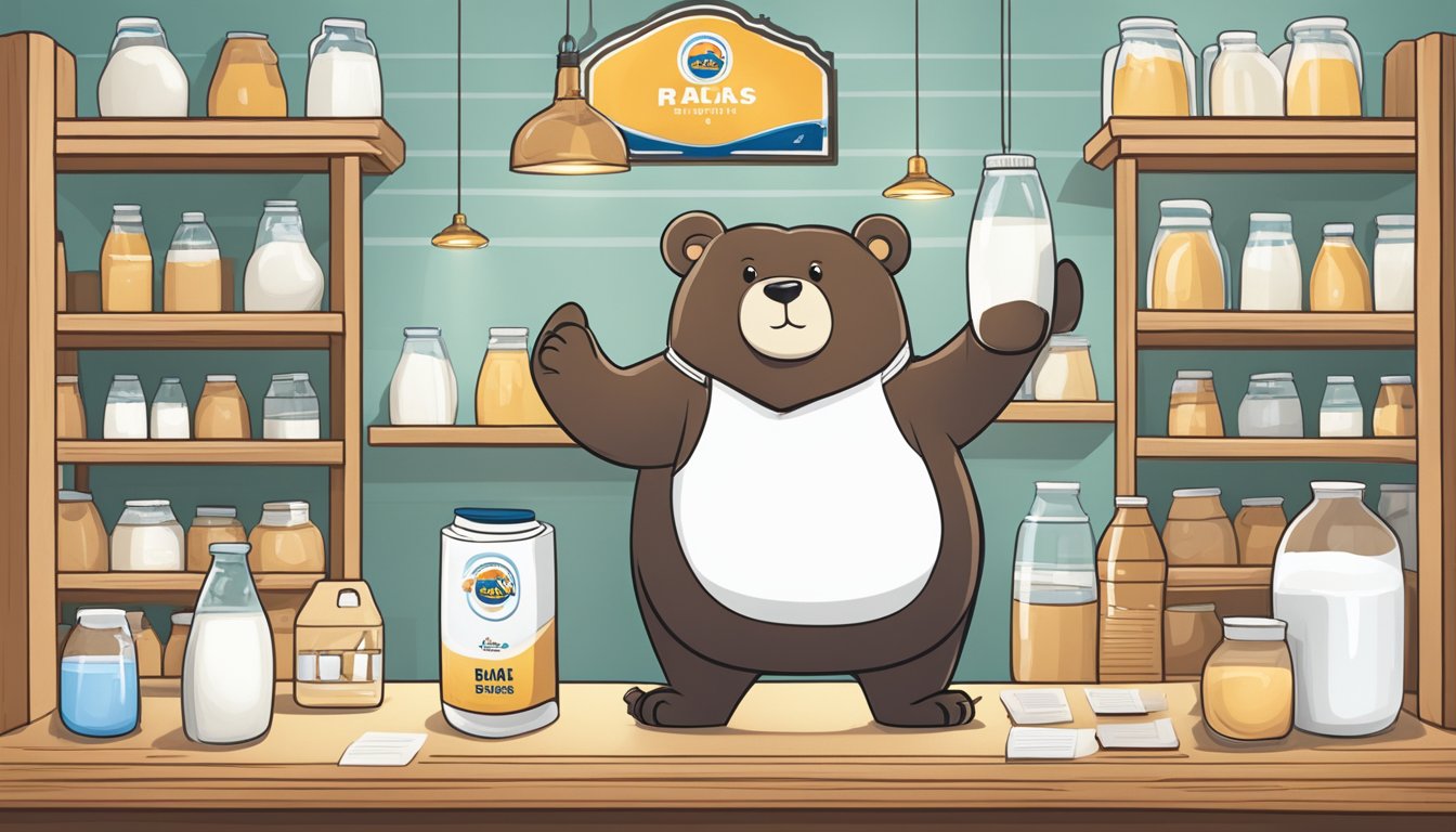 A bear mascot stands next to a large bottle of milk, surrounded by a list of frequently asked questions about the brand