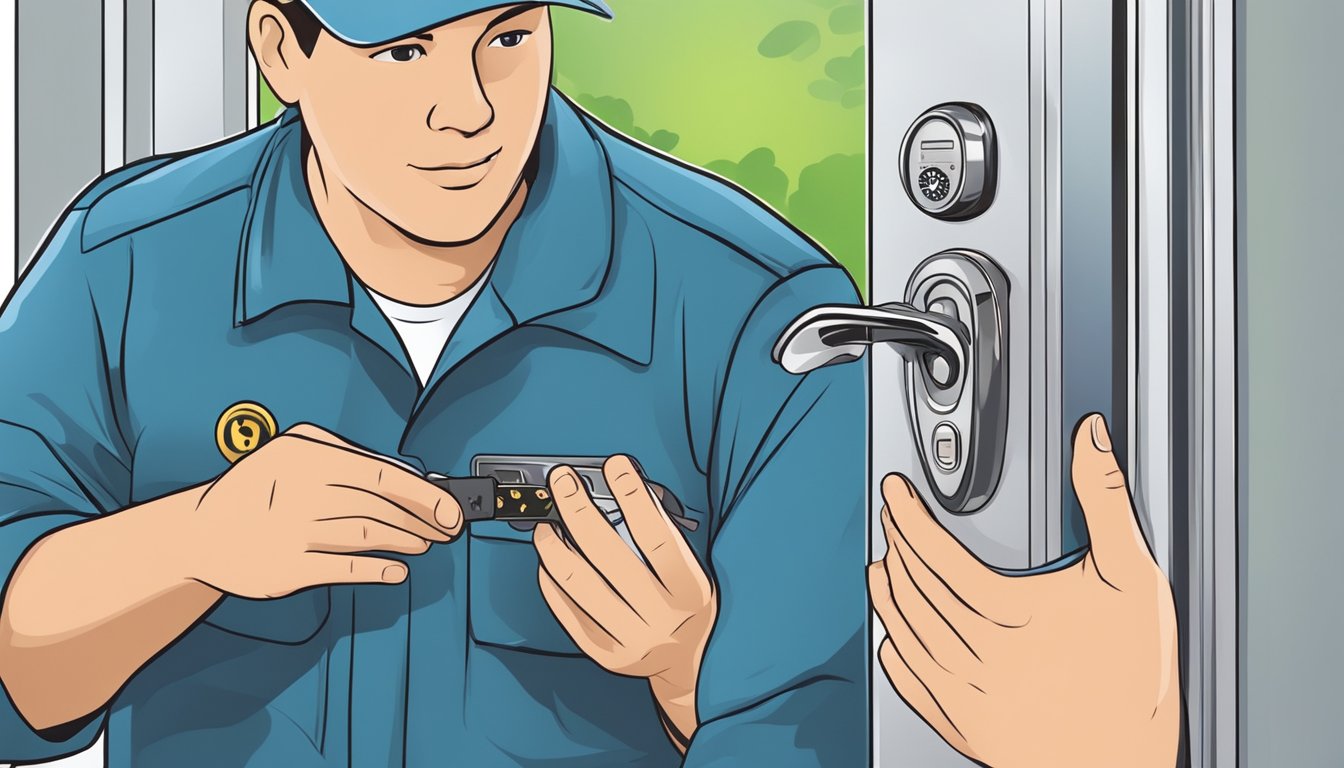 A technician installs and maintains a digital lock brand on a door