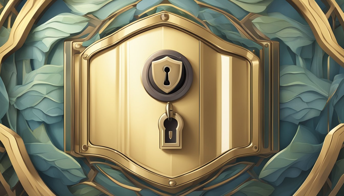 A secure digital lock with a shield emblem, surrounded by a tranquil, serene environment