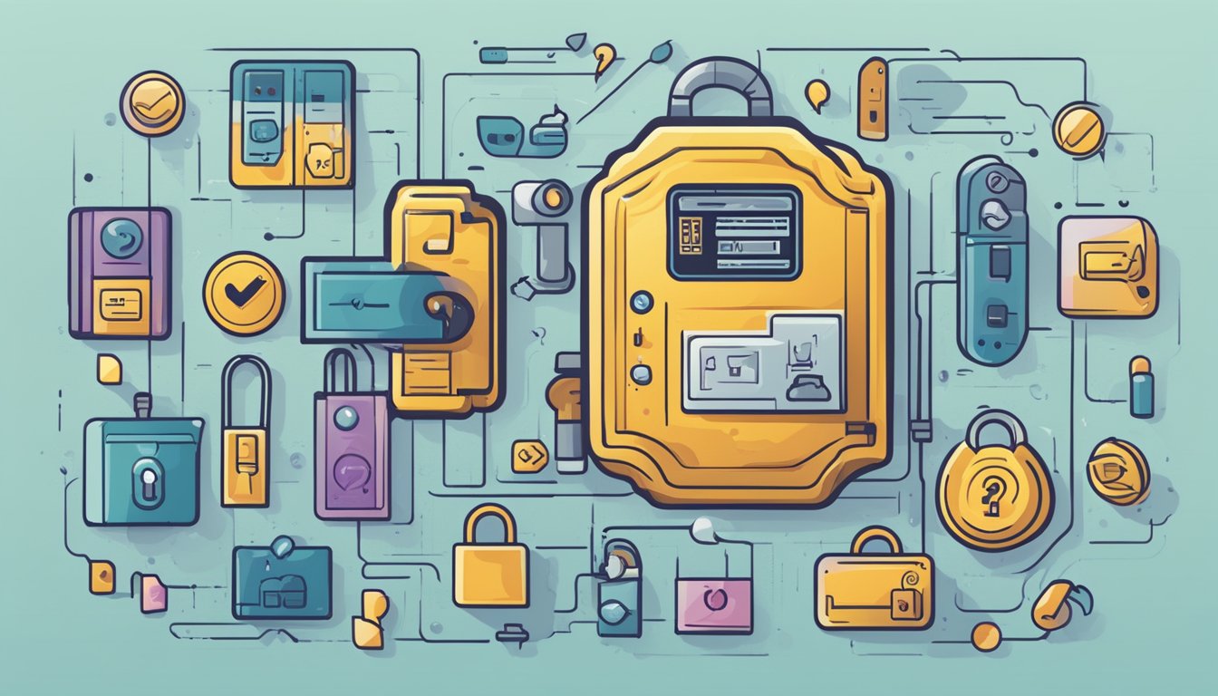 A digital lock with "Frequently Asked Questions" displayed on a screen, surrounded by various symbols and buttons