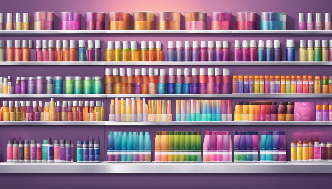 Various hair dye brands displayed on shelves under bright lights. Colorful packaging and different shades attract attention