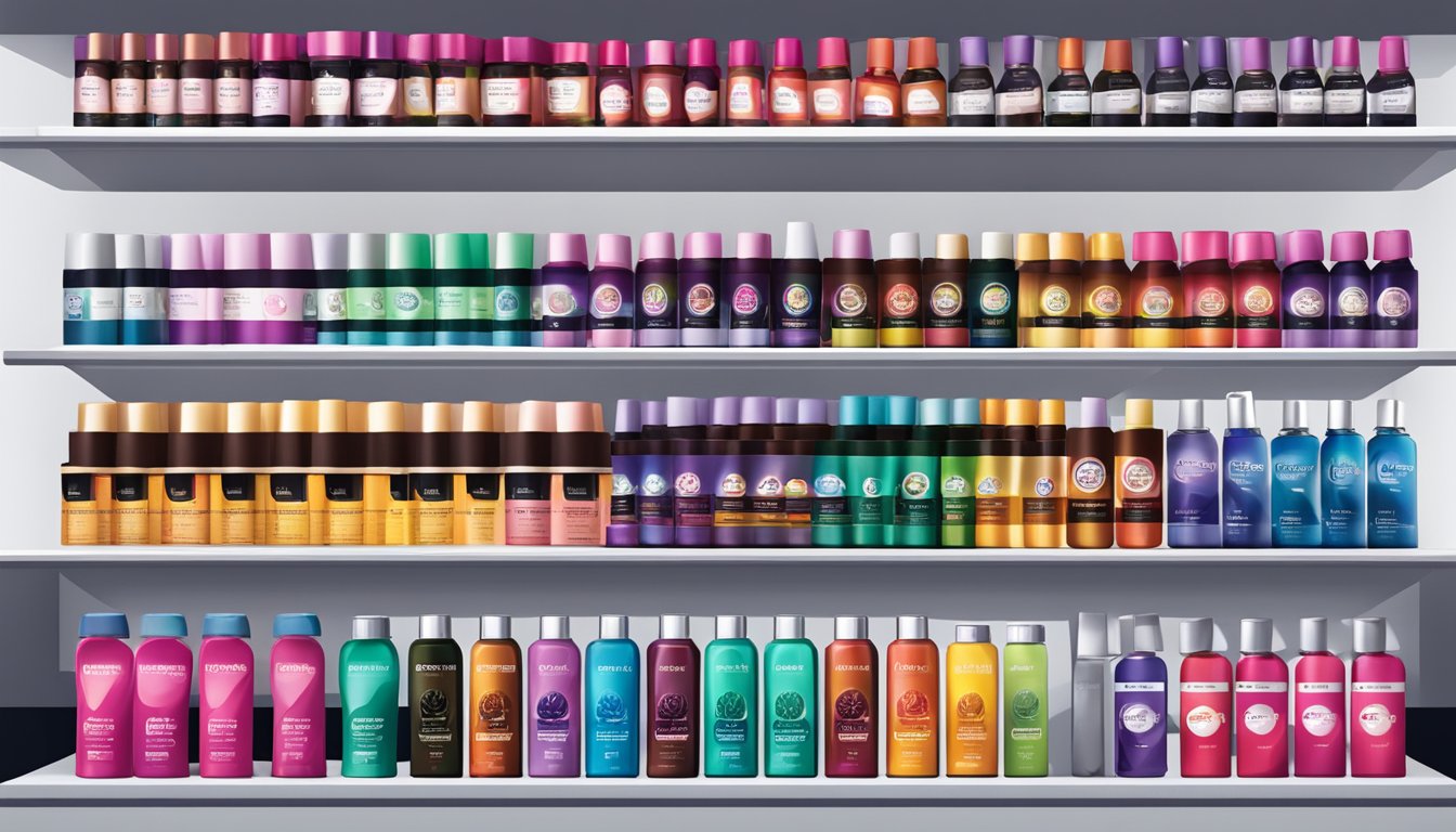 Various hair dye brands displayed on shelves with vibrant colors and diverse packaging