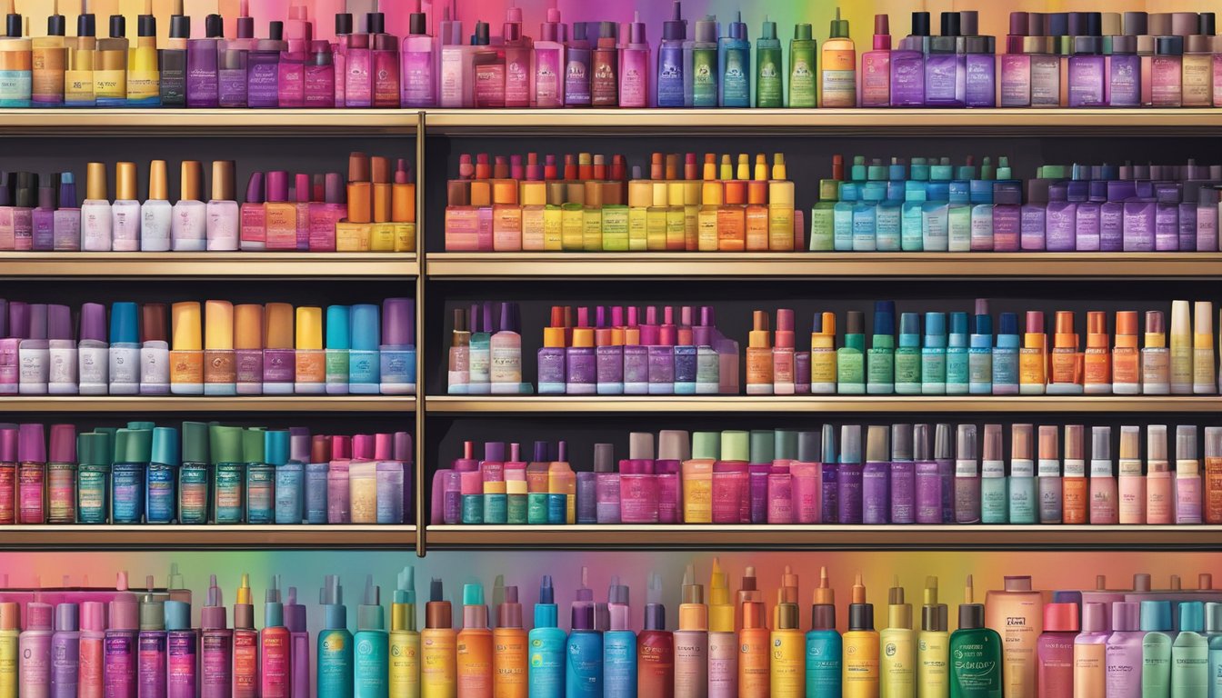 A colorful array of hair dye brands lined up on a shelf, showcasing their various offerings and vibrant shades