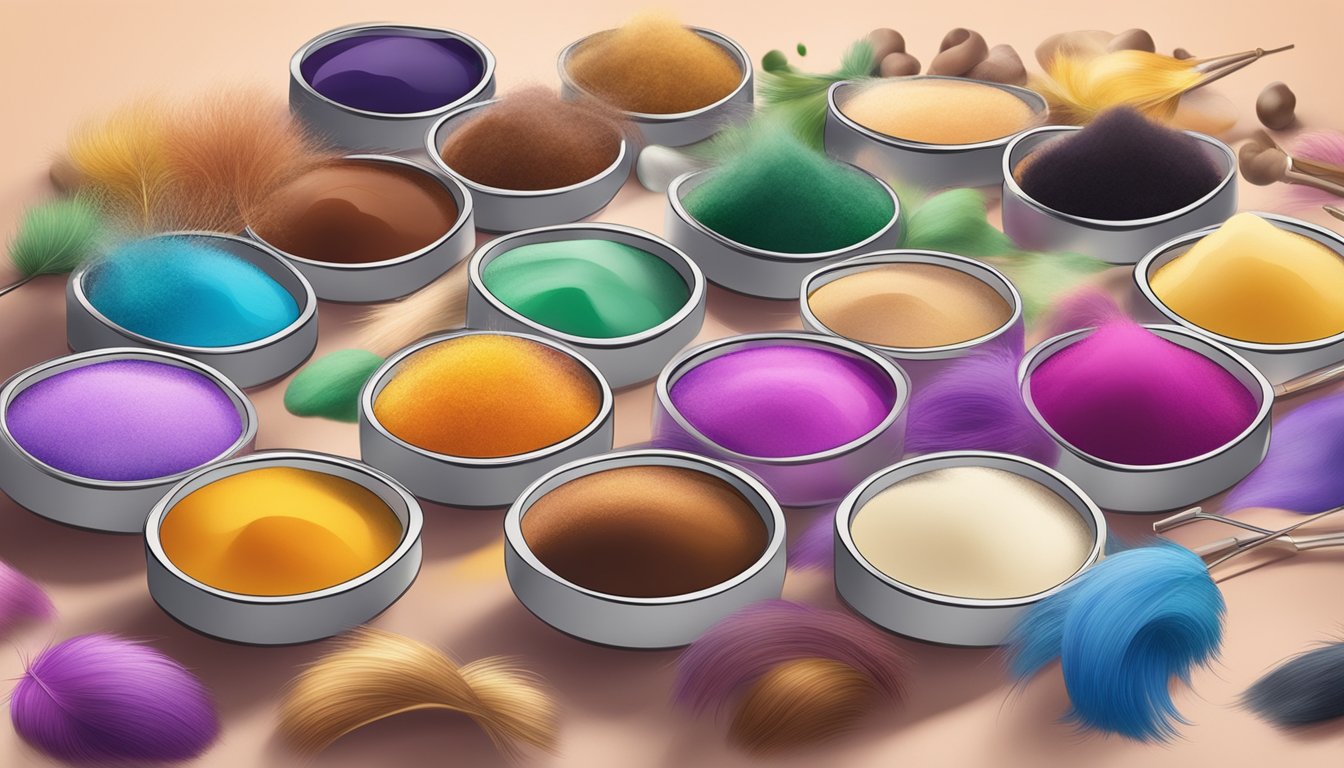 A table with various hair dye ingredients and their effects. Brands of hair dye displayed in the background