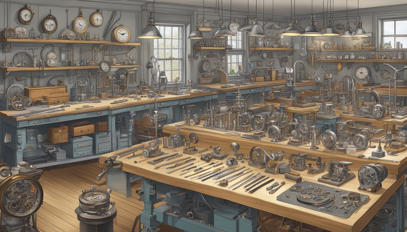 A workshop filled with precision tools and intricate watch parts, showcasing the craftsmanship of iconic German watch brands
