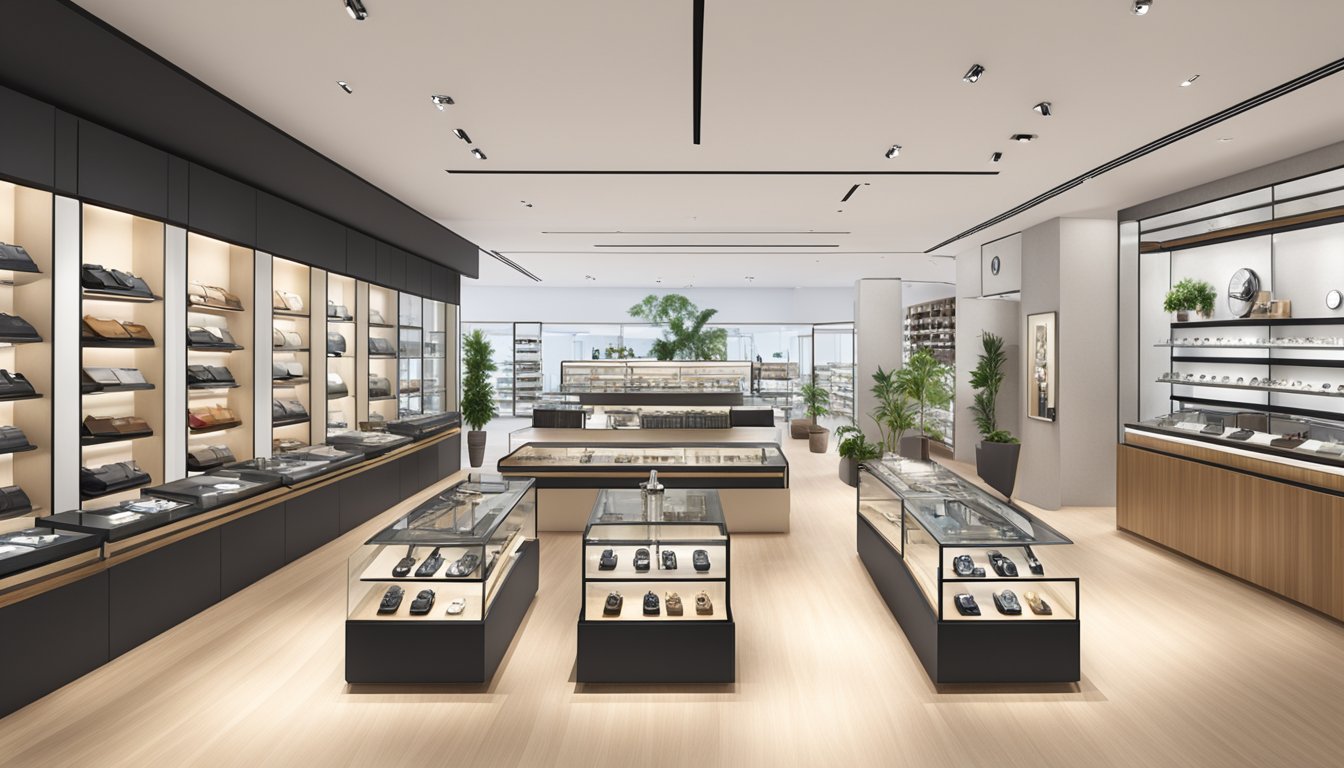A display of German watch brands in a modern Singaporean retail shop