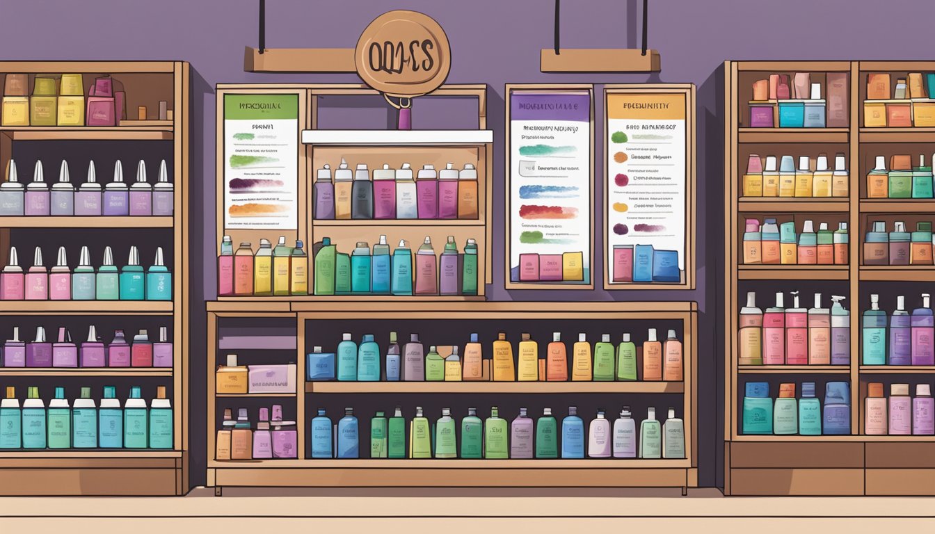 Various hair dye brands arranged on shelves with "Frequently Asked Questions" signage above