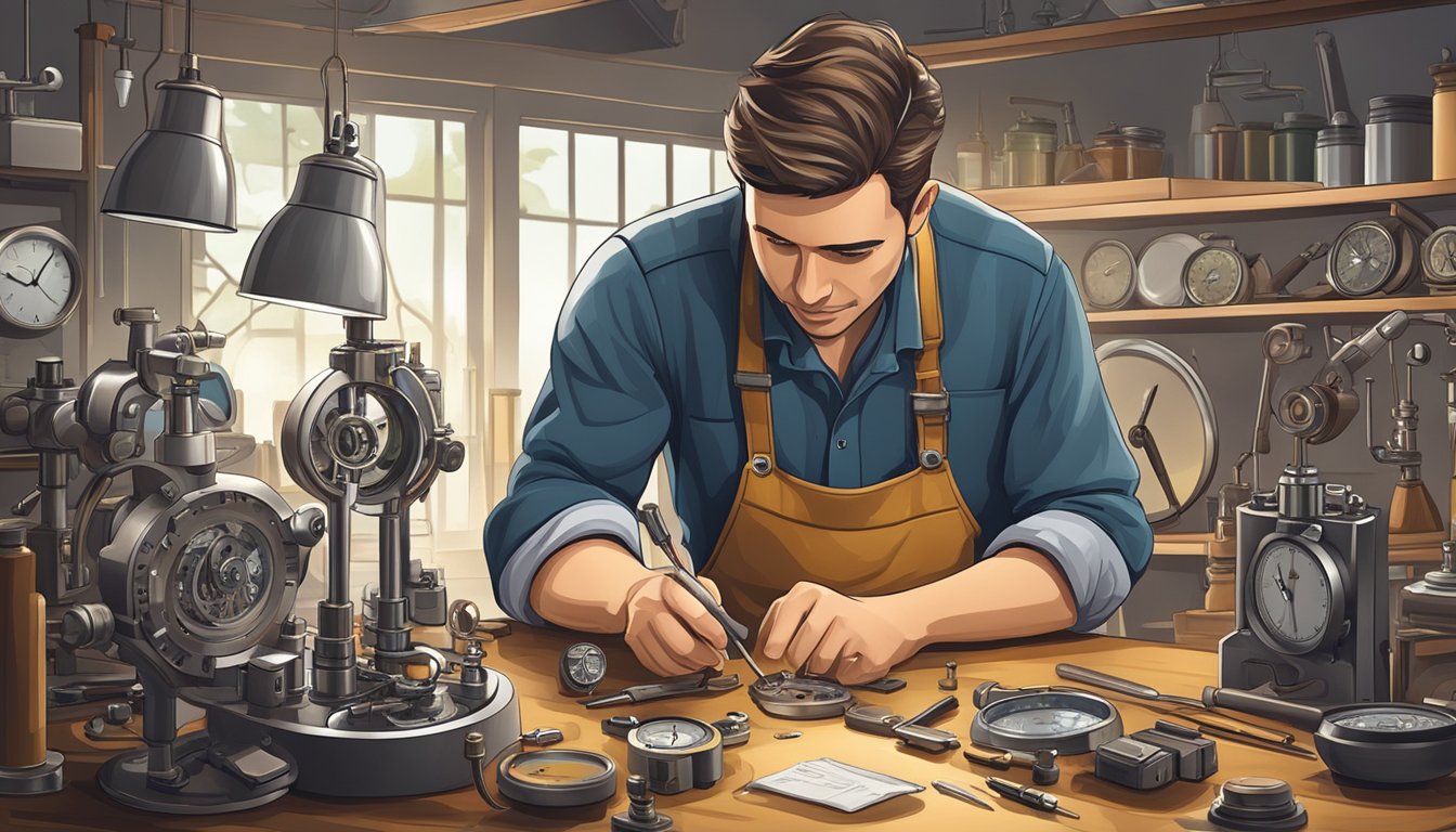 A technician meticulously servicing a German watch with precision tools and a magnifying glass in a well-lit workshop