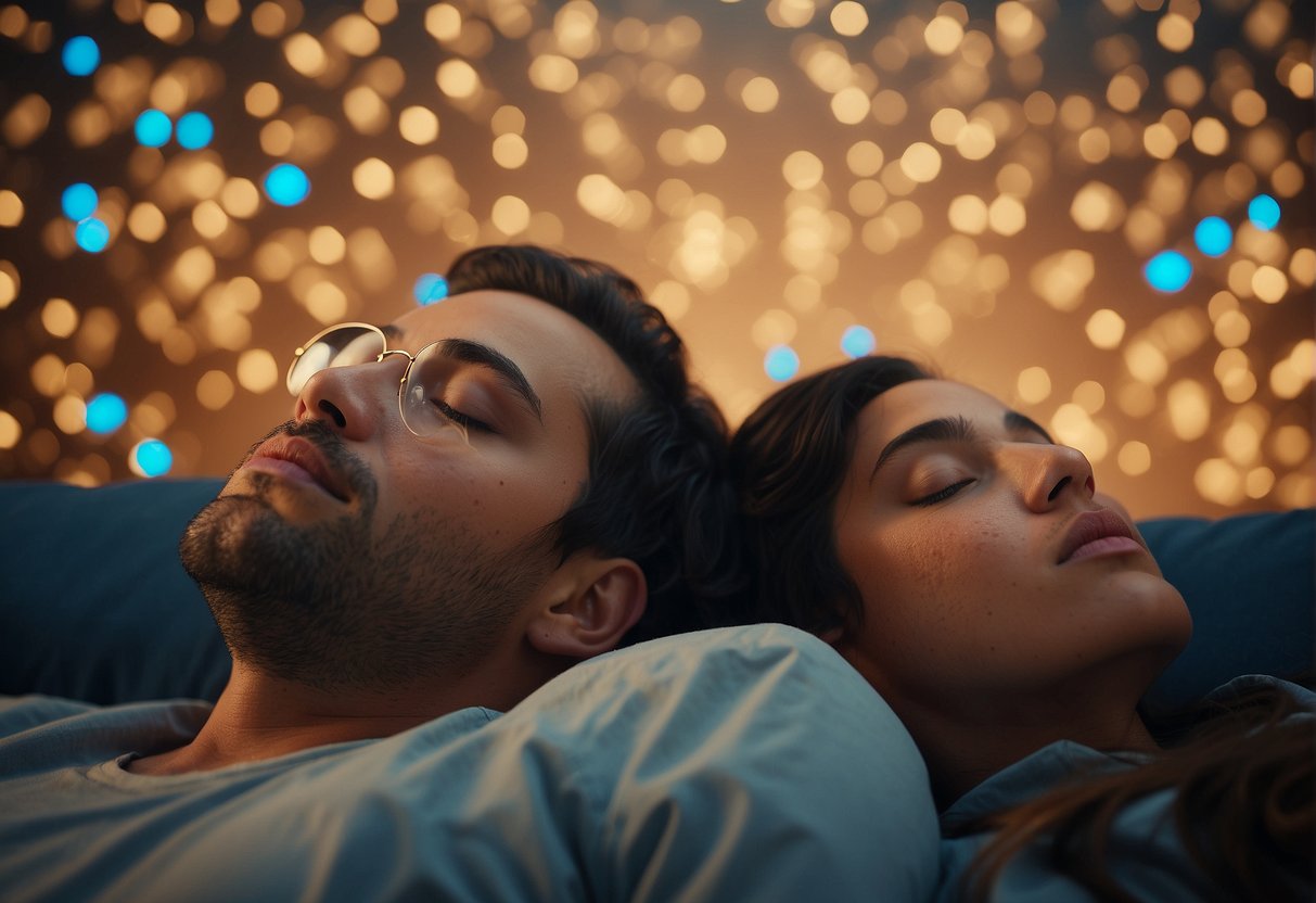 Two people sleeping peacefully, with identical dream bubbles above their heads, symbolizing a shared dream experience