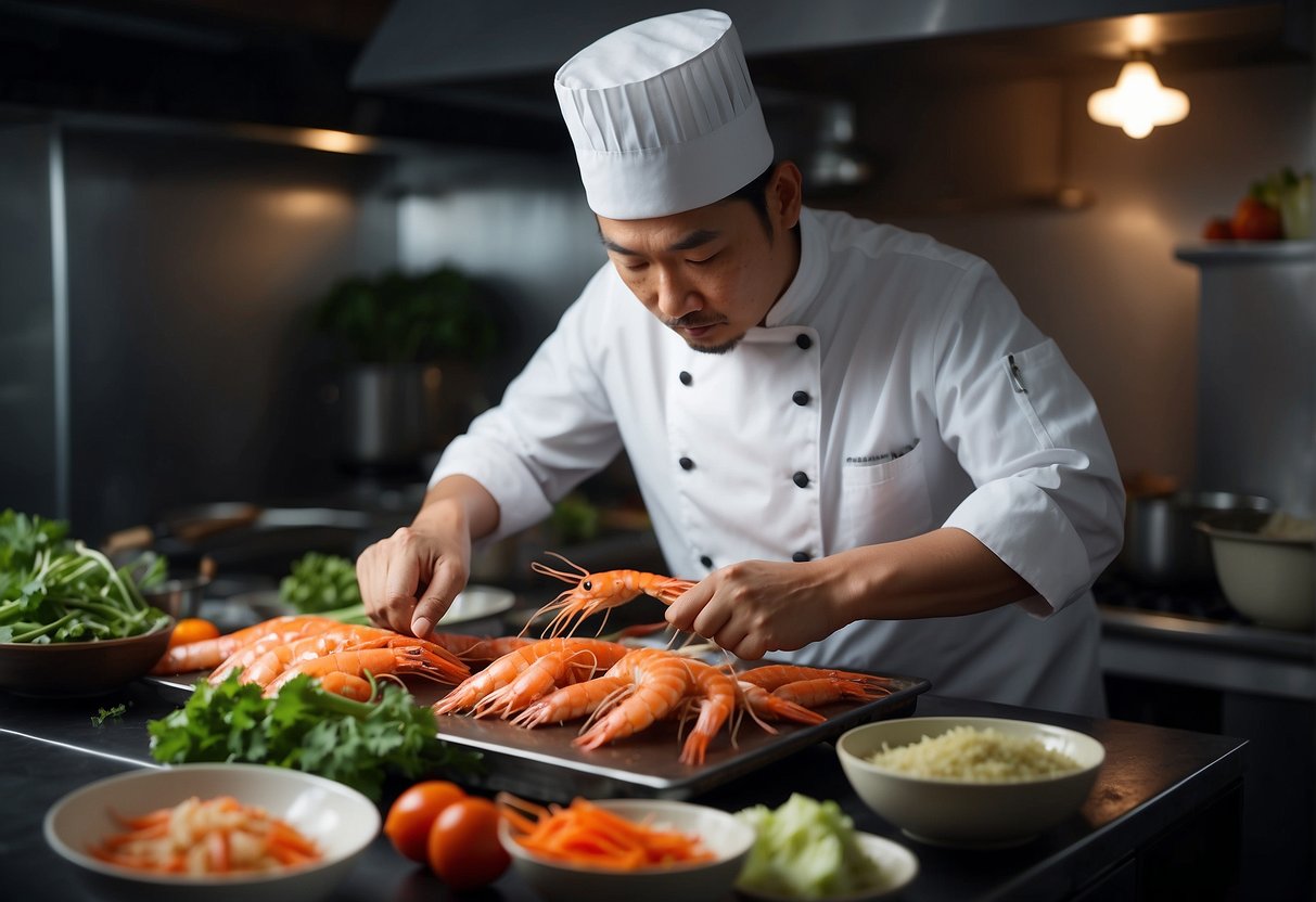 A chef selects and prepares shrimp with Chinese ingredients and utensils