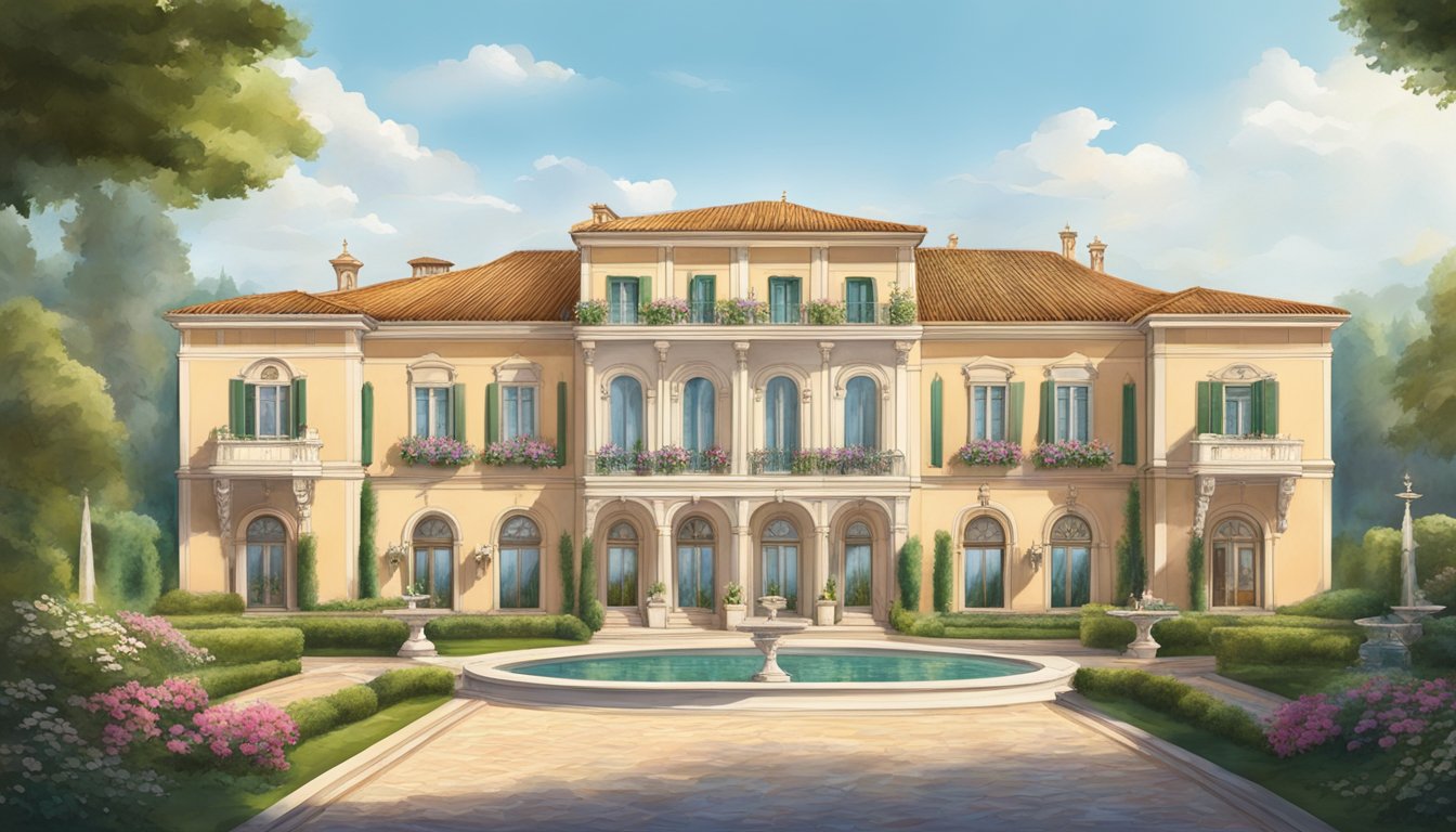 A grand Italian villa with ornate architecture, surrounded by lush gardens and fountains, showcasing the elegance and opulence of major Italian luxury fashion houses