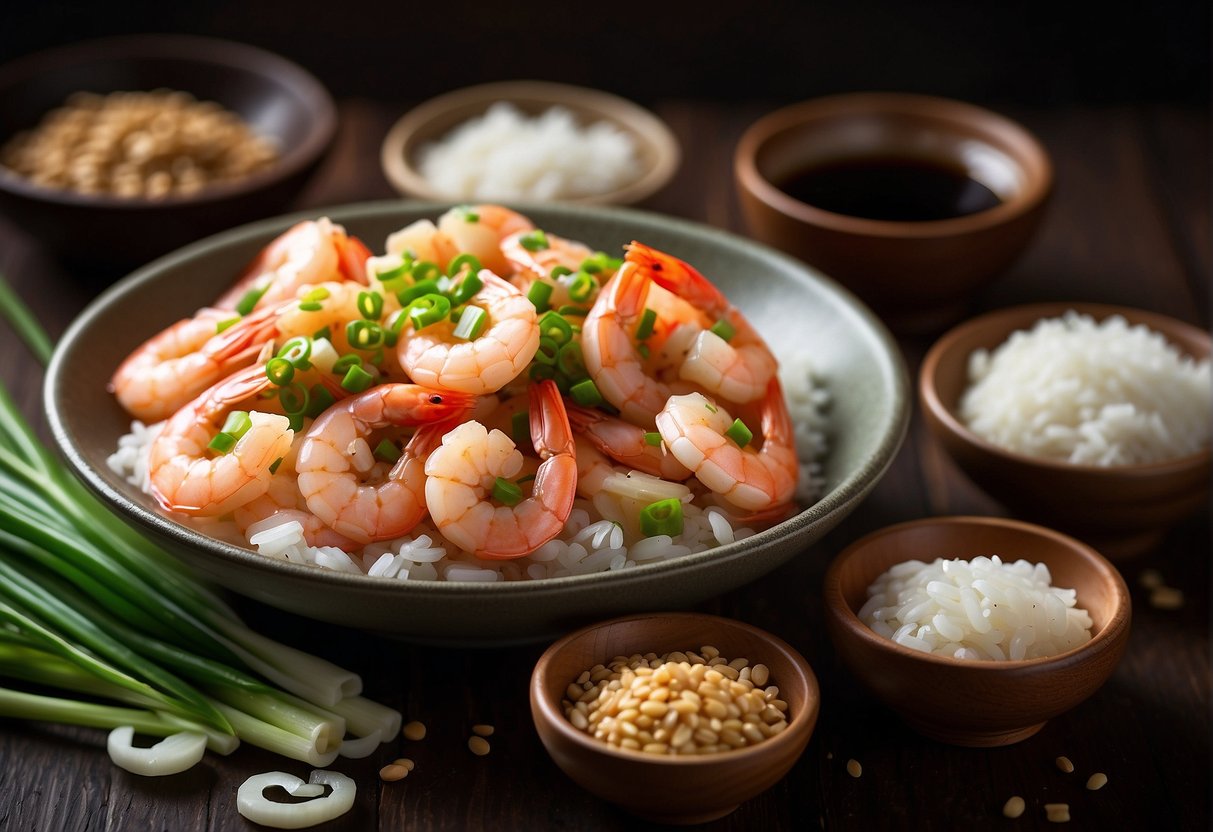 A table filled with fresh shrimp, soy sauce, garlic, ginger, and green onions. Bowls of sesame oil and rice vinegar sit nearby for substitutions