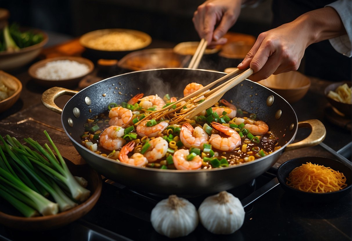Sizzling shrimp stir-frying in a wok with garlic, ginger, and soy sauce. A chef's hand sprinkles green onions on top