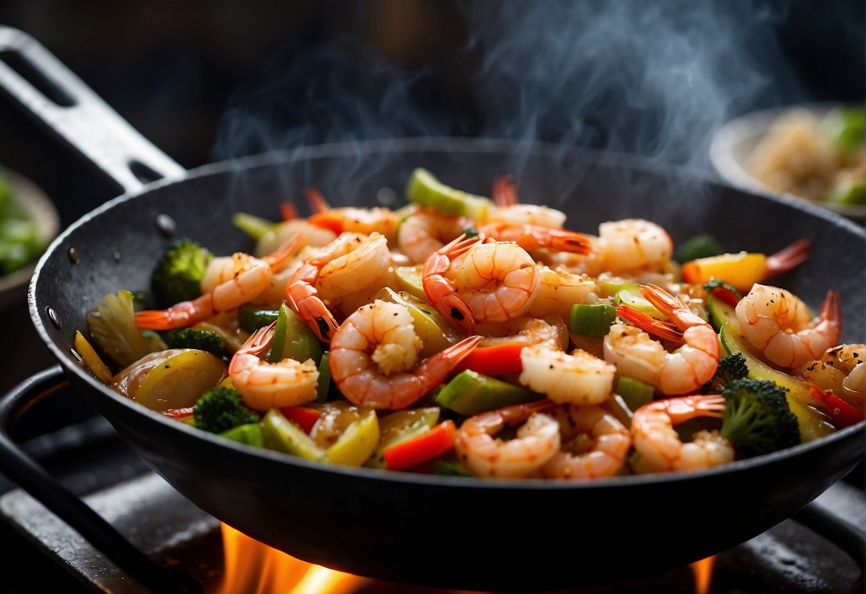 A sizzling wok filled with plump shrimp, stir-fried with garlic, ginger, and colorful vegetables, emitting a tantalizing aroma