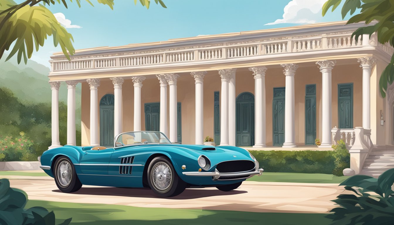 A grand, ornate Italian villa with marble columns, lush gardens, and a sleek sports car parked out front