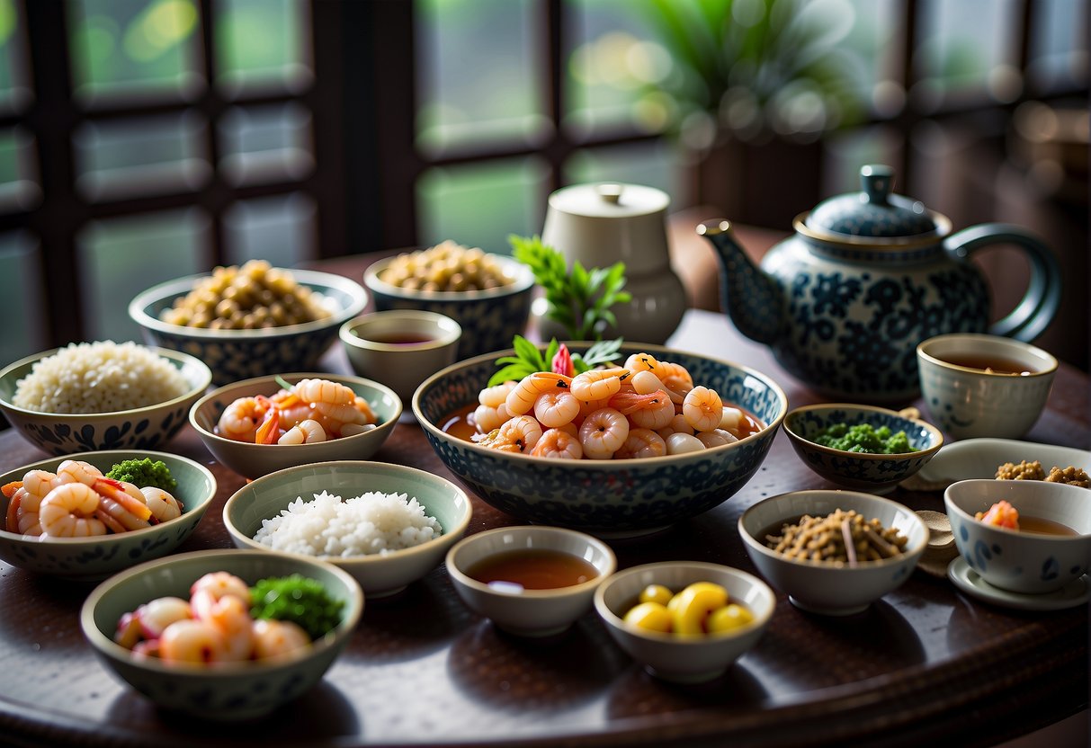 A table set with a variety of Chinese shrimp dishes, surrounded by bowls of rice, chopsticks, and decorative Chinese tea set