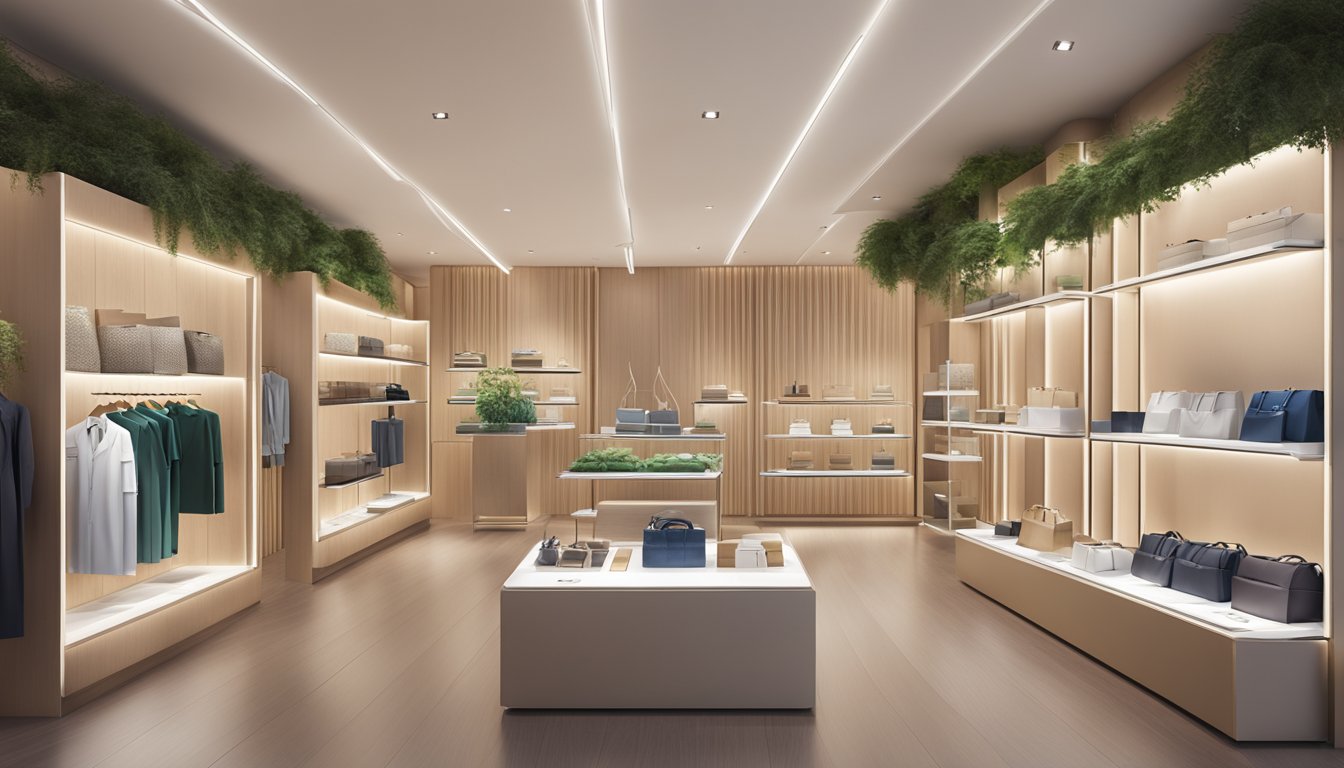 A sleek, modern Italian luxury brand store with eco-friendly materials and futuristic designs. Sustainable practices evident in packaging and product displays