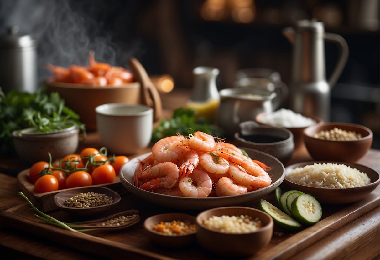 A table filled with various ingredients and cooking utensils for preparing Chinese shrimp recipes. A stack of recipe books sits nearby