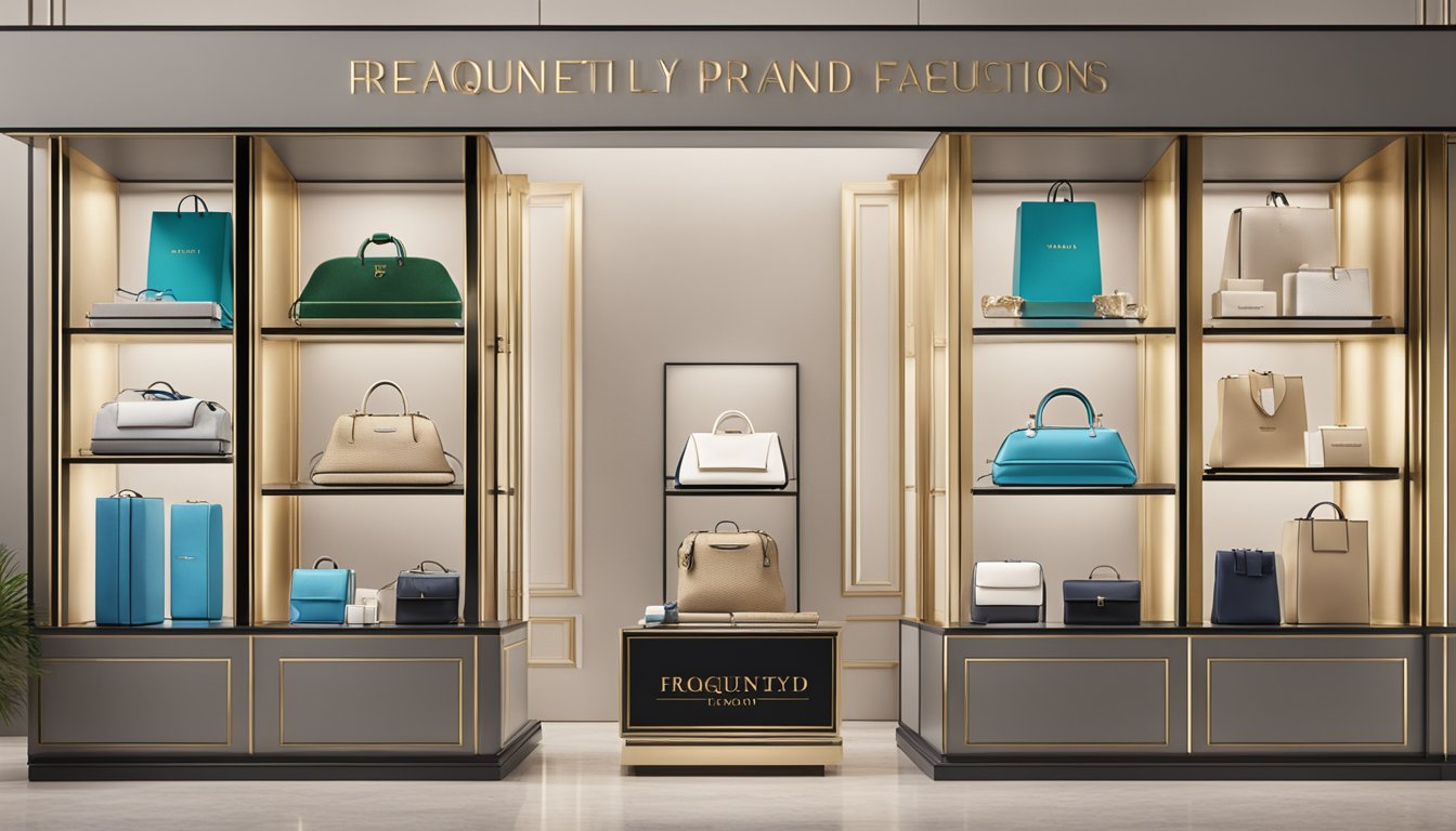 A display of Italian luxury brand products with a "Frequently Asked Questions" sign nearby