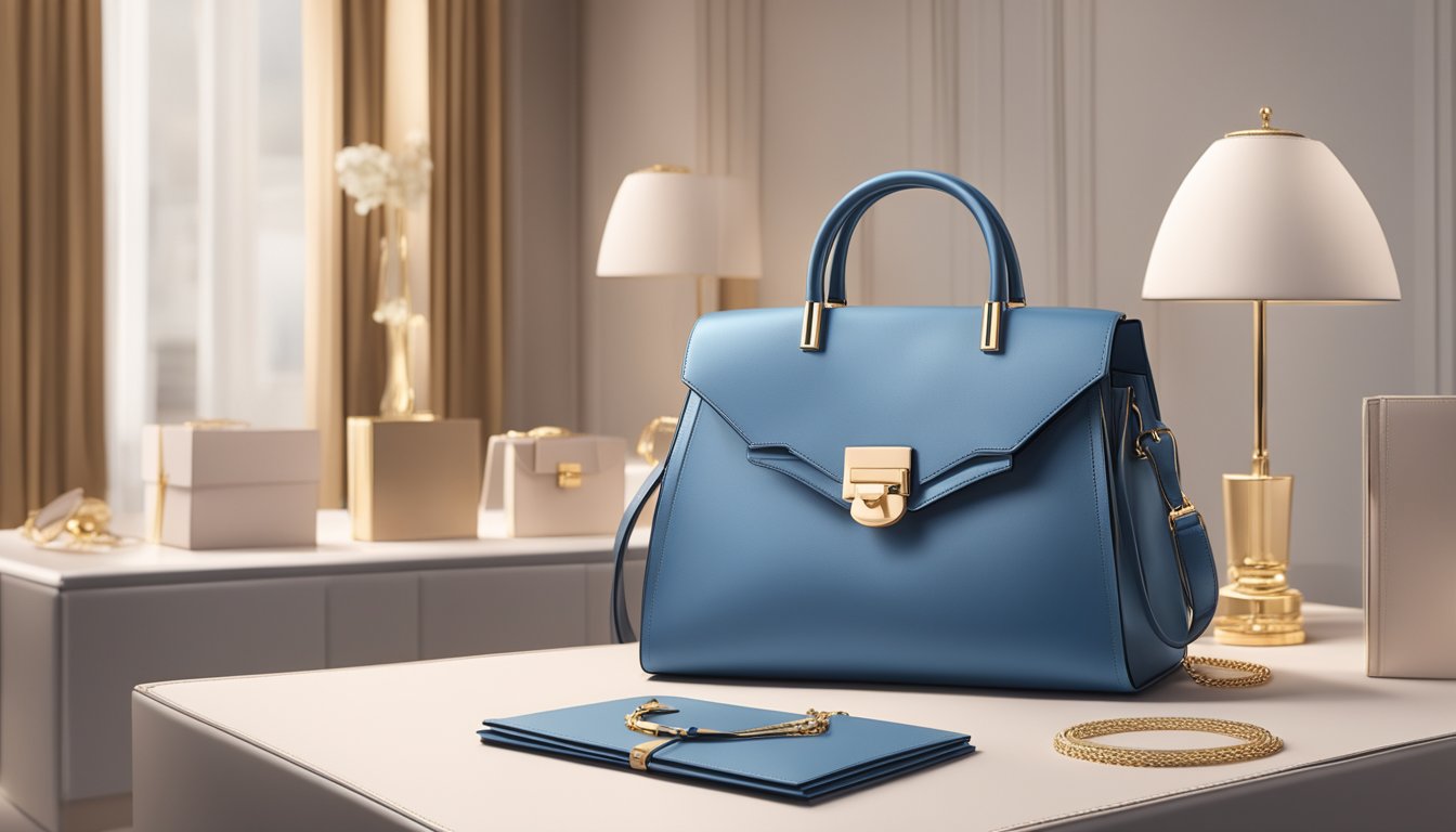 A luxurious handbag displayed in a high-end boutique, surrounded by elegant branding and marketing materials