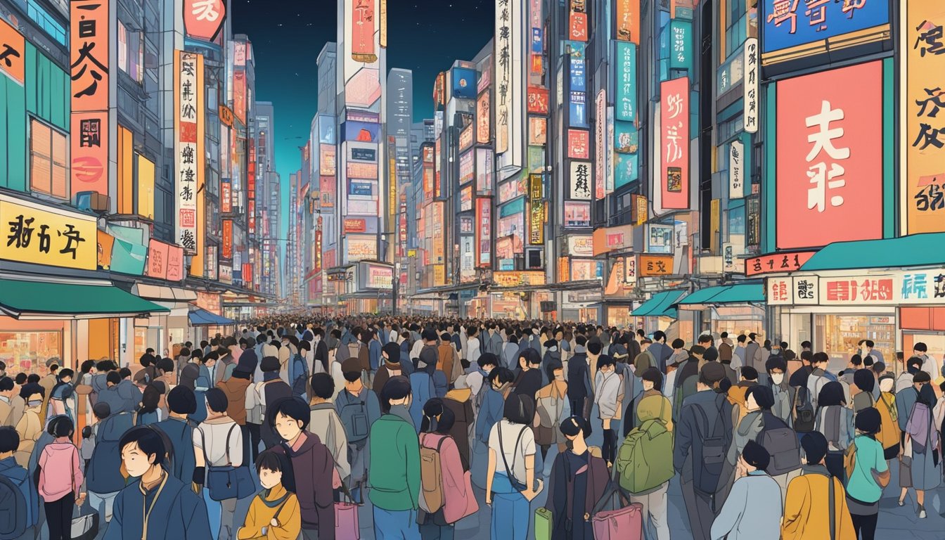 The bustling streets of Tokyo's Ginza district, lined with neon signs and crowded with shoppers, convey a sense of energy and modernity