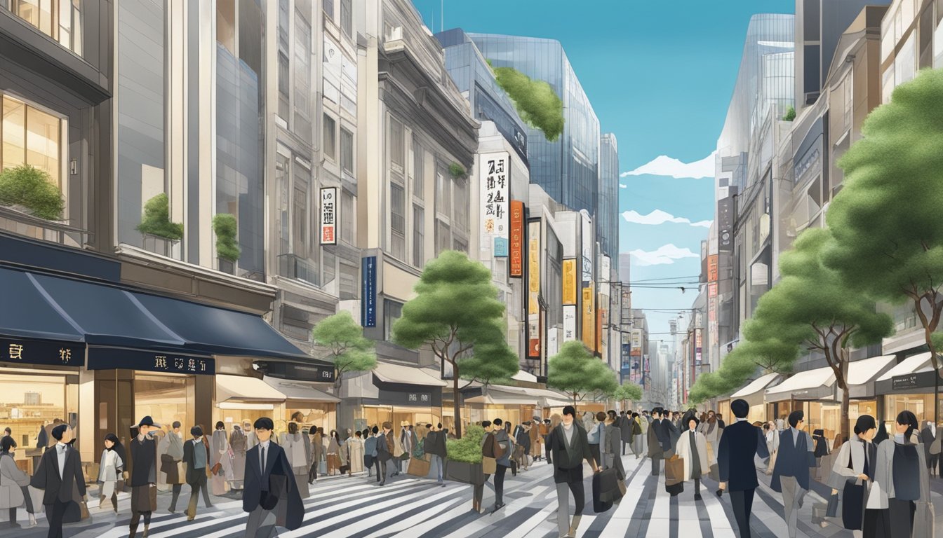 A bustling street lined with high-end boutiques and designer stores, showcasing the opulence and luxury of Tokyo's Ginza district