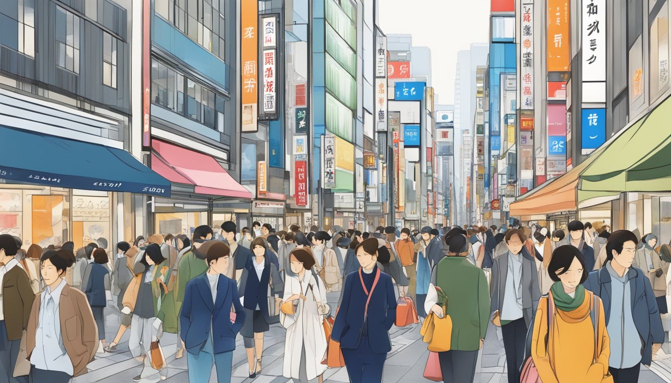A bustling street in Tokyo's Ginza district, with vibrant storefronts and crowds of shoppers browsing the latest fashion and luxury goods