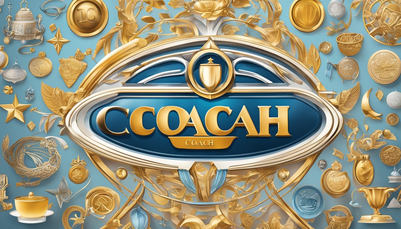 A luxurious Coach brand logo displayed among diverse cultural symbols and collaborative brand logos