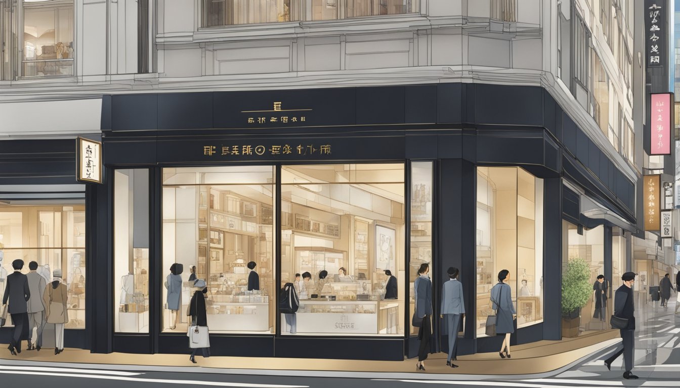 A bustling street in Tokyo's Ginza district, with the elegant storefront of "The Allure of Second-Hand Luxury" brand drawing in passersby with its sleek, modern design and inviting window displays