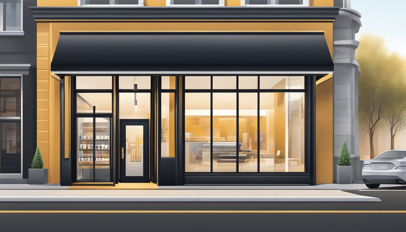 A sleek, modern storefront with bold, elegant signage. Clean lines and upscale materials convey luxury