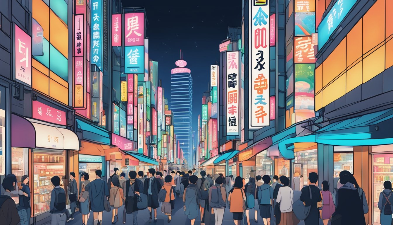 The bustling streets of Tokyo's Ginza district, with neon signs and crowded storefronts, showcasing the vibrant energy of Customer Insights and Experiences brand