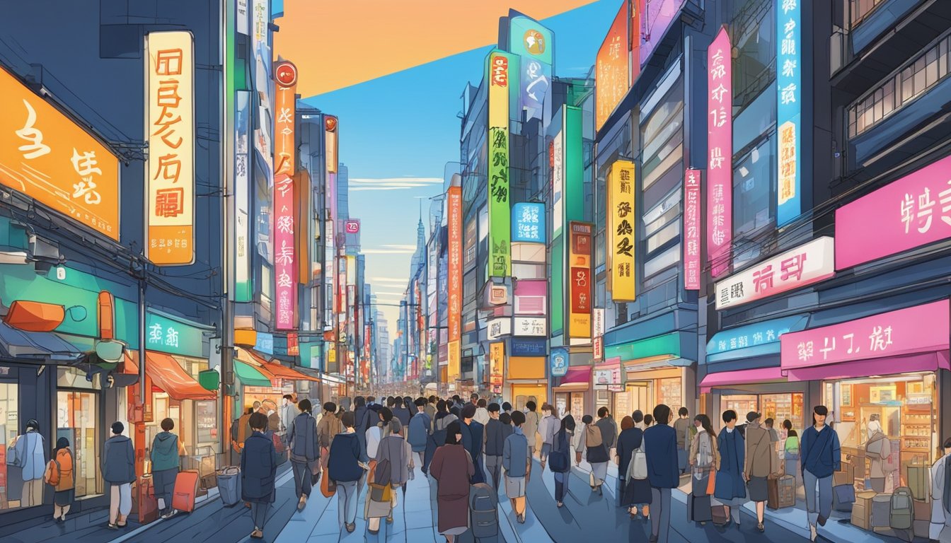 The bustling streets of Tokyo's Ginza district, with colorful storefronts and neon signs, create a vibrant and lively atmosphere for visitors to explore