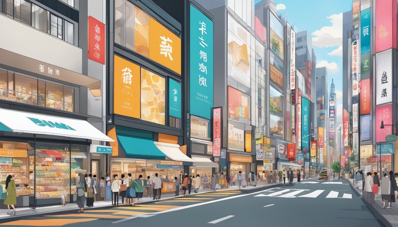 Iconic storefronts and vibrant displays line the bustling streets of Tokyo's Ginza district, showcasing celebrated brands and exclusive collections
