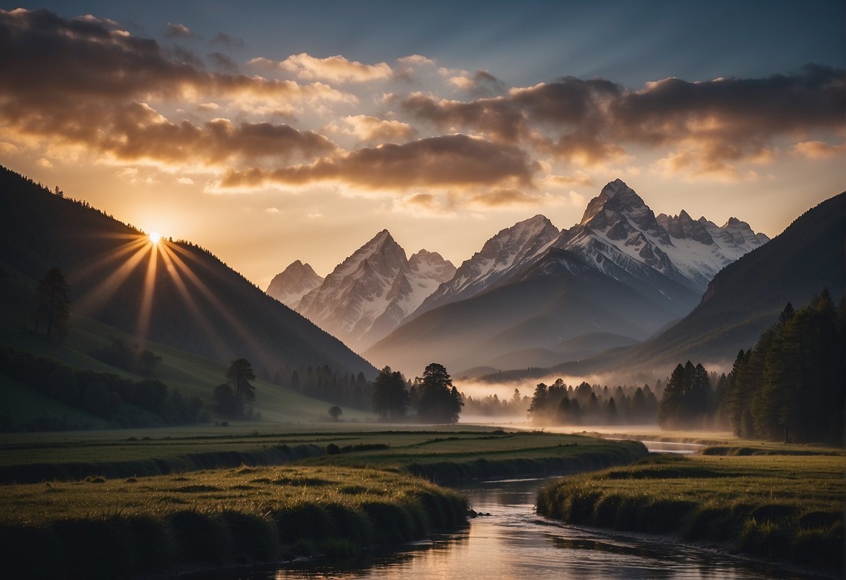 The towering mountains loom in the distance, their peaks shrouded in mist. A river winds its way through the valley, reflecting the soft glow of the setting sun