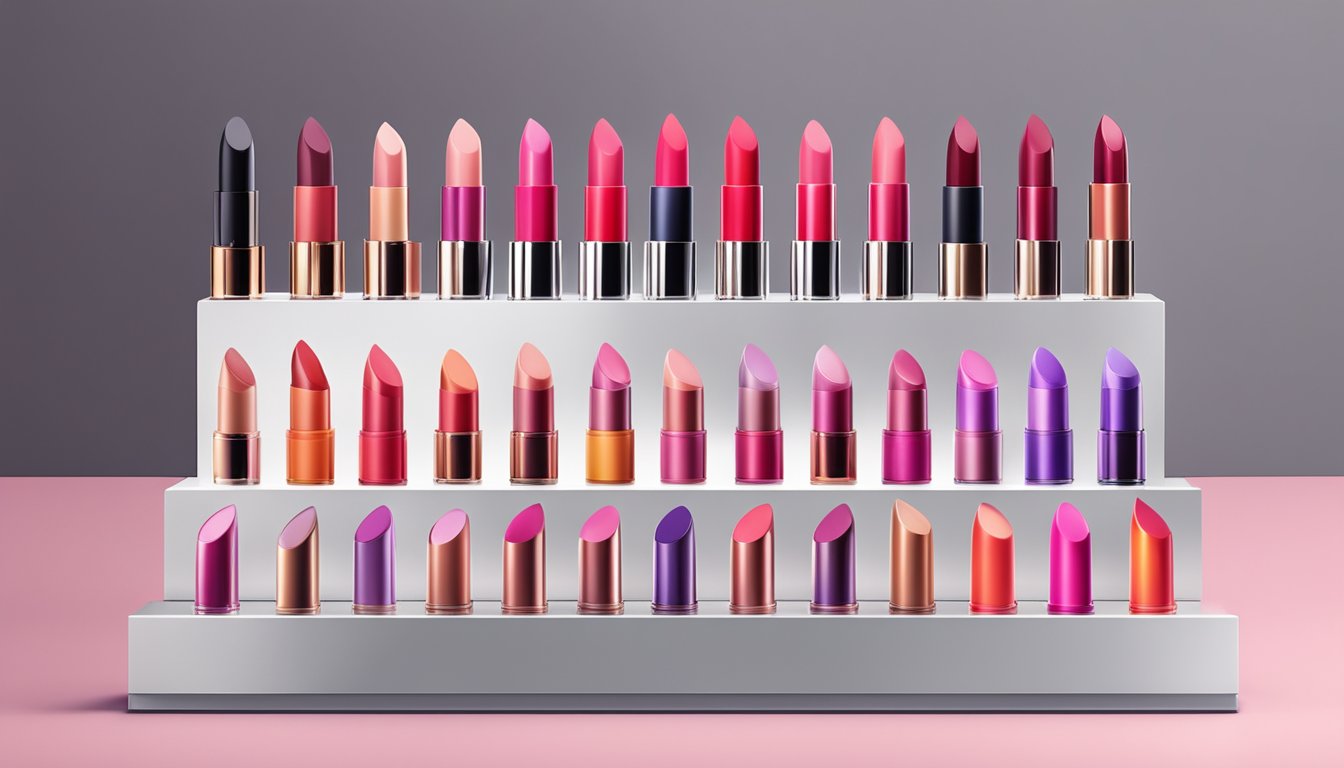 Various lipstick brands arranged on a sleek, modern display stand. Bright colors and sleek packaging catch the eye