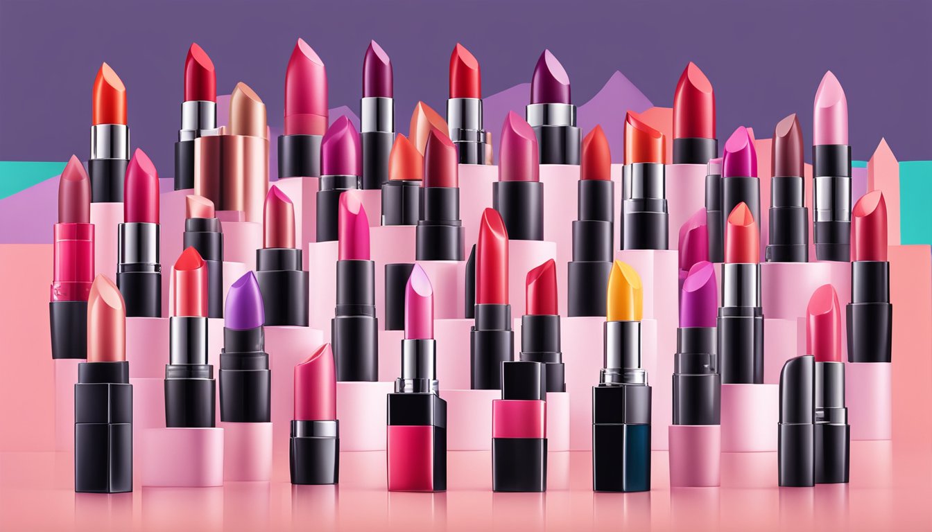 Various iconic lipstick brands arranged in a colorful display, with sleek packaging and bold logos