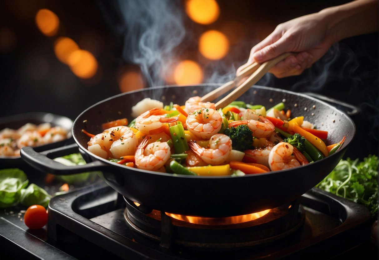 A wok sizzles with shrimp, scallops, and colorful vegetables in a fragrant garlic and ginger sauce. Steam rises as the ingredients are tossed together