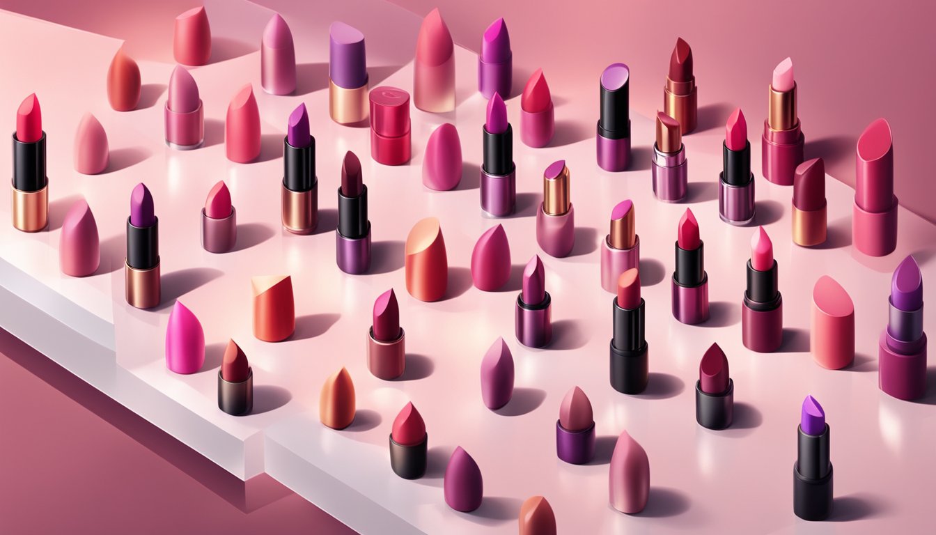 A display of various lipstick brands in different shades, arranged on a sleek counter with bright lighting
