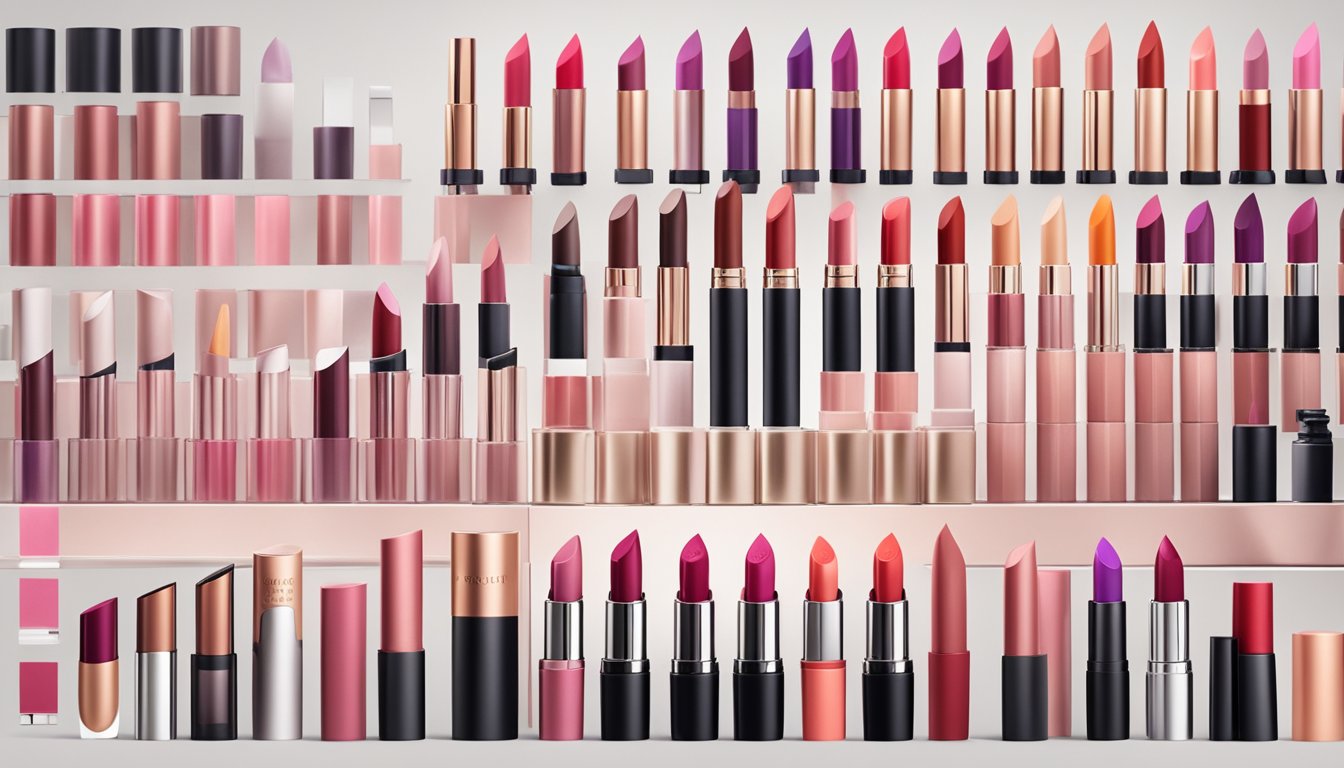 Various lipstick tubes and swatches arranged on a sleek, modern display. Brand logos and color names visible