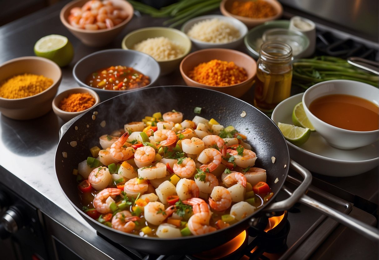 Ingredients arranged neatly, shrimp and scallops being cleaned and deveined, a wok heating on a stove, various spices and sauces laid out on a counter