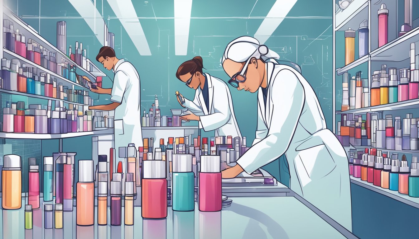 Lipstick tubes and applicators surround a lab bench, while scientists in white coats work on innovative formulas and packaging designs