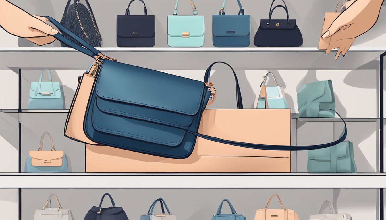 A woman's hand reaching for a sleek, branded sling bag on a display shelf in a modern boutique